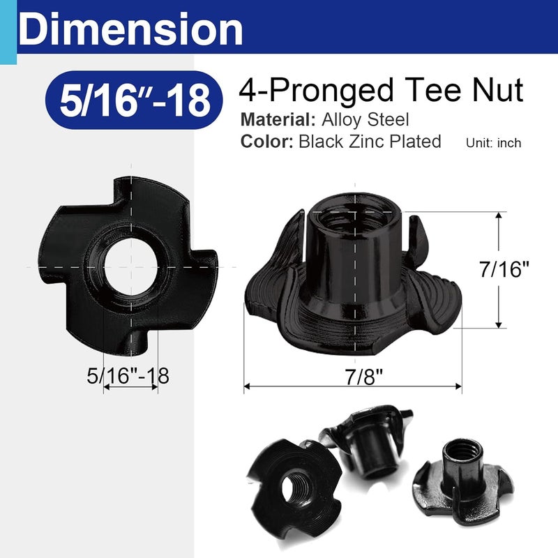Usdrwam 50 Pack 5/16"-18 T Nuts for Wood, Black Carbon Steel 4-Prong Tee Nuts for Furniture, Cabinets, and Rock Climbing Holds - Image 2